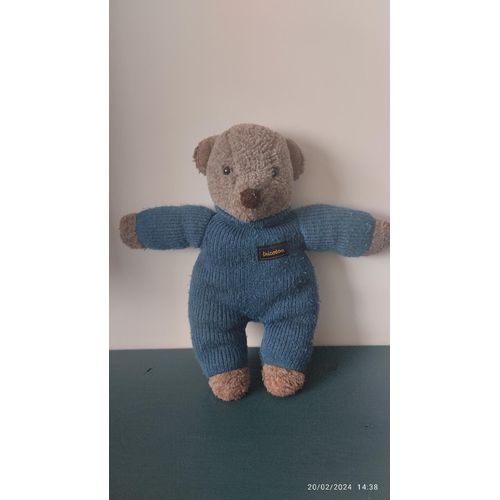 Vintage Peluche Doudou Ours Marron-Bleu Tricotou Jémini