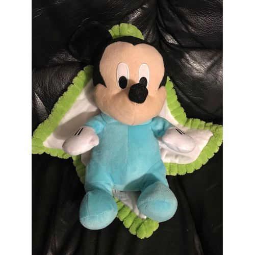 Doudou Peluche Mickey Bleu 30 Cm Couverture Jaune Vert Nuage Disney