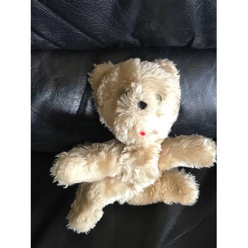 Ancienne Peluche Chien Nounours Vintage Beige Bouche Rouge 18cm