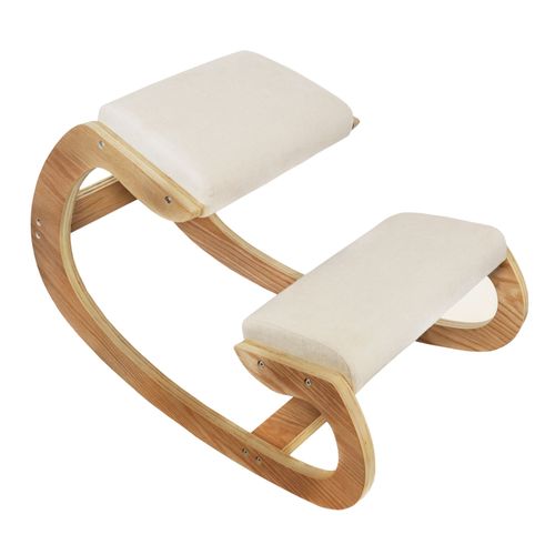 Chaise Ergonomique À Genoux En Chêne - Coussins Blancs En Lin Épais 8cm - Bureau & Maison - Siège À Bascule Orthopédique ¿ Meilleure Posture & Soulagement - Jusqu¿À 120kg - 2x Repose-Poignets Offerts