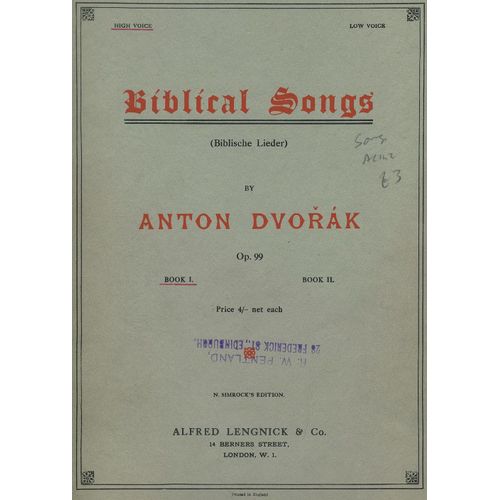 Anton Dvorak Biblical Songs Op. 99 Book I Low Voice (Albert Lengnick & Co)
