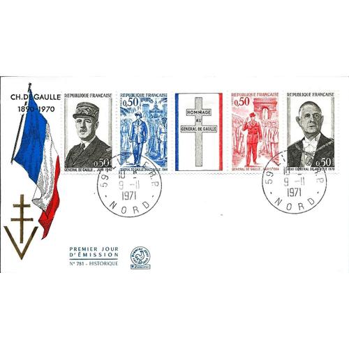 France 1971, Belle Enveloppe 1er Jour Fdc 781, Hommage Au Général De Gaulle, Bande Complète Yvert 1698a, Cachet De Lille, Cote 15euros.