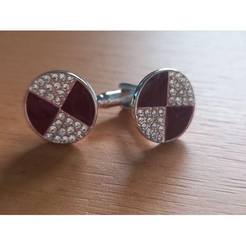 Boutons De Manchettes Avec Disque Bicolore Et Strass De Couleur Argent Et Rouge
