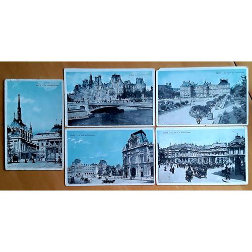 Lot De 5 Cartes Postales Anciennes Paris : L'hôtel De Ville La Sainte / Chapelle / La Cour De Carrousel / La Place Du Palais Royal / Le Jardin Du Luxembourg
