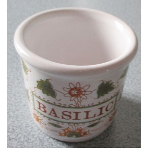 Ancien Pot À Épices En Faïence Décor Moustiers G.F.-Diamètre 6cm Hauteur 6cm-Marqué Basilic- Sans Couvercle