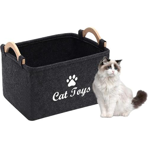 Panier de Rangement pour Jouets pour Chat -Boîte de Rangement avec Manche en Bois, rangementbox pour Jouets pour Chat,vêtements et Accessoires Animaux-Gris foncé