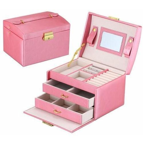 Bo Te À Bijoux, Coffret Pour Bijoux Bo Te À Maquillage Bijoux Et Cosmétique Beauty Case À 3 Couches En Simili Cuir Avec 2 Tiroirs, Miroir Et Serrure 17.5x14x13cm Pastèque Rouge Bf 