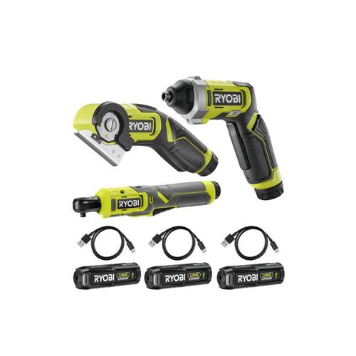 Pack RYOBI 4V Clé à cliquet - Mini-scie - Tournevis - 10 embouts - 3 Batteries 2,0Ah - 3 Câbles USB