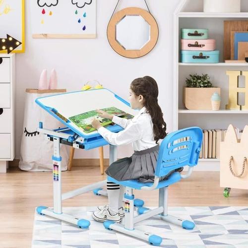 Bureau Enfant Ergonomique - Costway - Hauteurs Et Angle Réglable - Table Avec Chaises - 1 Tiroir Bleu