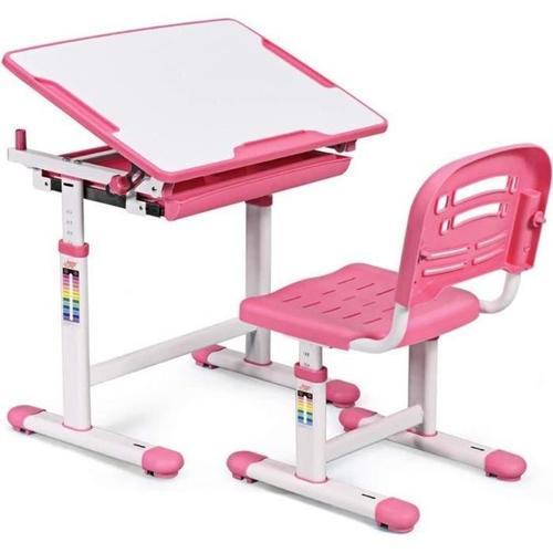 Bureau Enfant Ergonomique - Costway - Hauteur Et Angle Réglables - Table À Dessin Avec Chaises Et Tiroir - Rose