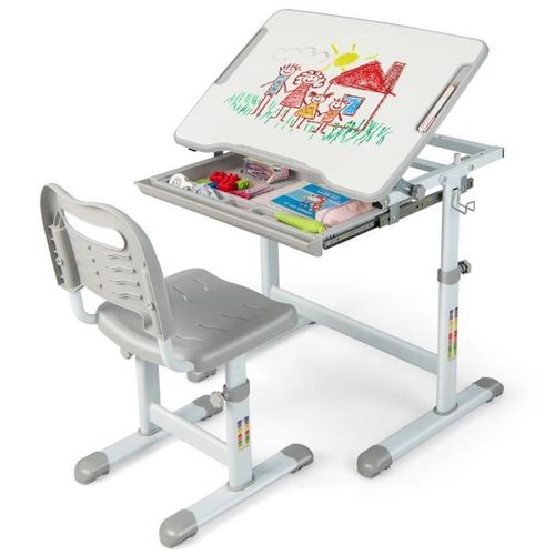 Costway Ensemble Bureau Enfant Ergonomique Hauteur Réglable, Plateau Inclinable 0-45°, Tablette Coulissante Multi-Rangement Rose