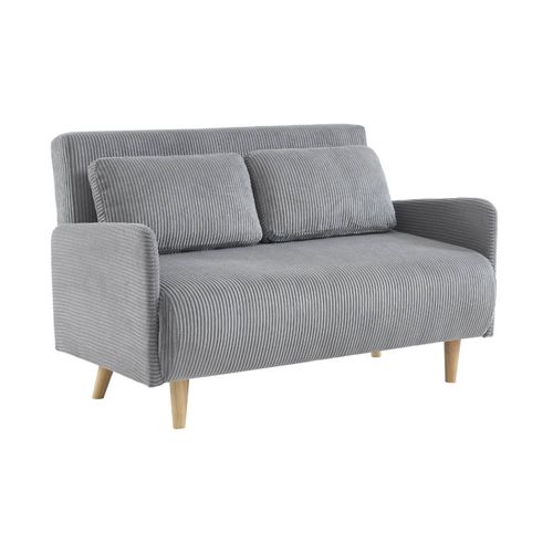 Canapé Convertible En Velours Côtelé - Panam - 2 Places Scandinave. Pieds Bois. Gris Clair. Banquette. Dossier Inclinable