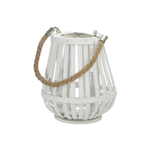 LANTERNE BOIS ROTIN ANSE CORDE 14X15CM BLANC