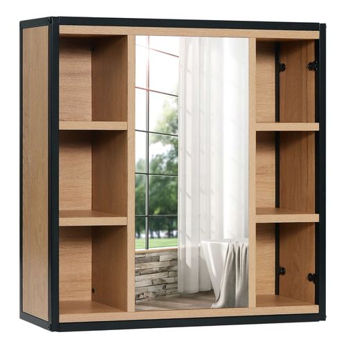 Armoire De Salle De Bain Murale En Bois Avec Miroir Étagères Réglables 6 Compartiments Ouverts Meuble De Rangement Design Moderne Structure Métallique
