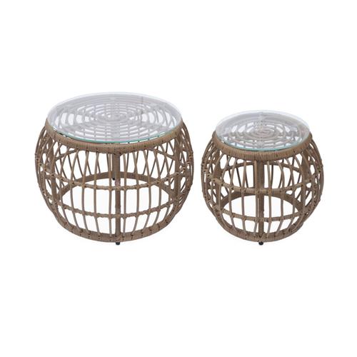 Set De 2 Tables Basses En Résine Effet Rotin Extérieur Dini. Ø47 X 42cm 3.7kg Plateau Ø35cm Et Ø67 X 46cm 6.5kg Plateau Ø55cm