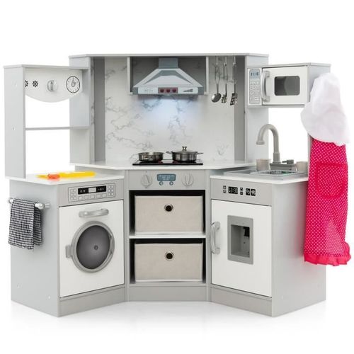 Cuisine Enfants - Costway -3 Ans+ - Bois - 17 Accessoires - Sons Et Lumières - Tableau Noir - Cadeau Idéal Gris