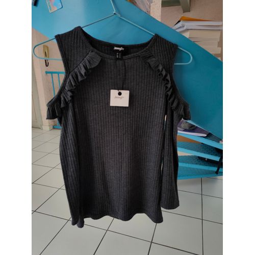 Tee-Shirt /Haut Gris Épaules Dénudées Neuf Manches 3/4 Taille 36 Jennyfer