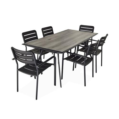 Table De Jardin Plateau Effet Bois Structure Acier 180 Cm Avec 6 Chaises En Acier Incluses