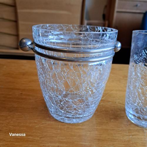 Sceau À Glace Et Deux Verres En Verre Craquelé Vintage