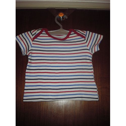 Tee-Shirt Bébé Manches Courtes, Rayé Multicolore Amazone Essentials, Taille 3/6 Mois ( 65 ), Coloris: Fond Blanc, Rayures Rouges, Bleues, Noires, 100% Coton, Longueur 26 Cm, Largeur Épaules 22 Cm.