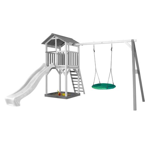 Axi Structure De Jeu Beach Tower Avec 1 Balancoire Siege Nid Rond Blanc Gris Avec Toboggan Blanc