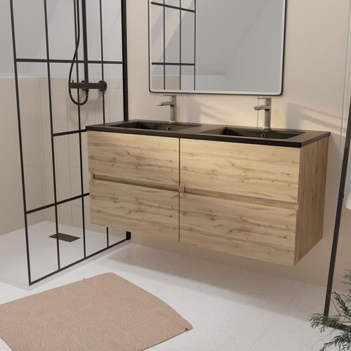 Meuble De Salle De Bains 120 Cm 4 Tiroirs Chêne Industriel + Vasque Double Céramique Noire - Timber