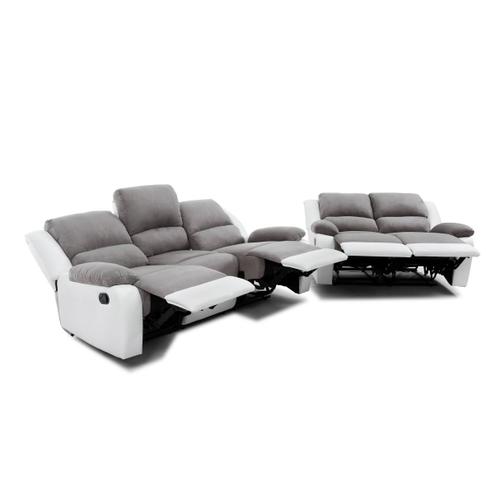 Relaxxo - Ensemble Canapés Relax Manuels Leo 3 + 2 Places En Microfibre Et Simili - Gris/Blanc