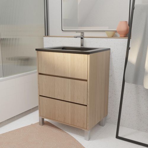 Meuble De Salle De Bains 60 Cm 3 Tiroirs Chêne Clair + Vasque Céramique Noire - Xenos