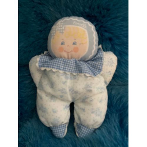 Doudou Hochet Poupée Bébé Blonde Souriante Fleurs Vichy Bleu Yeux Bleus Corolle 20 Cm