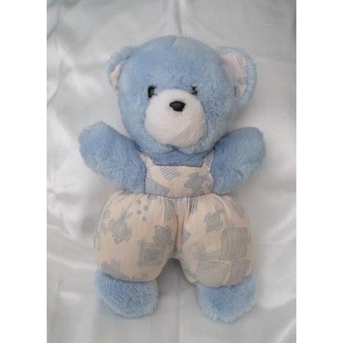 Doudou Peluche Ours Bleu Salopette Blanche Imprimé Poisson Bleu Grelot Nounours