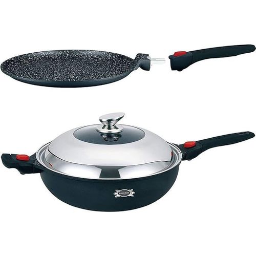 Haussmann Héritage - Wok32cm+Crêpière28cm- Revêtement Type Pierre-Sans Pfoa Manche Amovible- Fonte D'aluminium¿Tous Feux Dont Induction¿ Hm-Wok1432m +Hm-Cre1428m