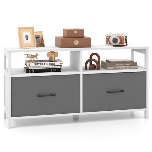 Commode À 2 Tiroirs Tissu - Costway - 100 X 30 X 53 Cm - Blanc + Gris - Bois - Panneaux De Particules