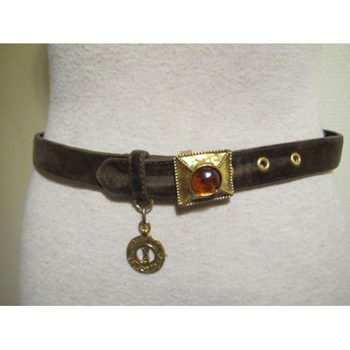 Yves Saint Laurent Ceinture En Cuir Velours Et Cabochon T 75 Cm