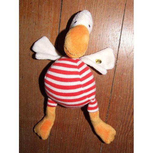 Doudou Peluche Steiff Oie Canard Oiseau Blanc Raye Rouge Bec Pattes Orange 25 Cms