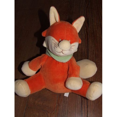 Doudou Peluche Renard Fox Chien Orange Beige Noukie's Noukies Bandanas Vert Pale