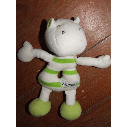 Doudou Peluche Hochet Hippopotame Blanc Vert Raye Baby Sun 18 Cms