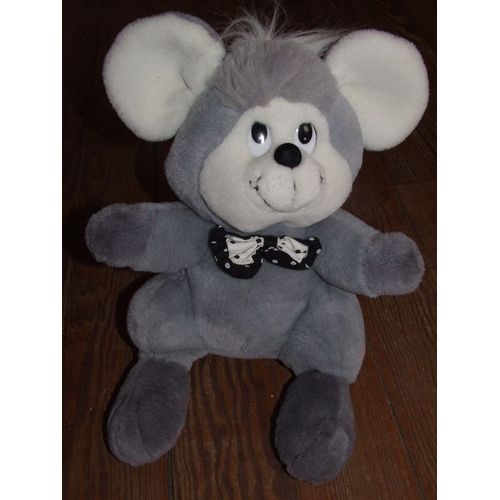Doudou Peluche Souris Grise Et Blanche Noeud Noir Pois Gipsy 40 Cms