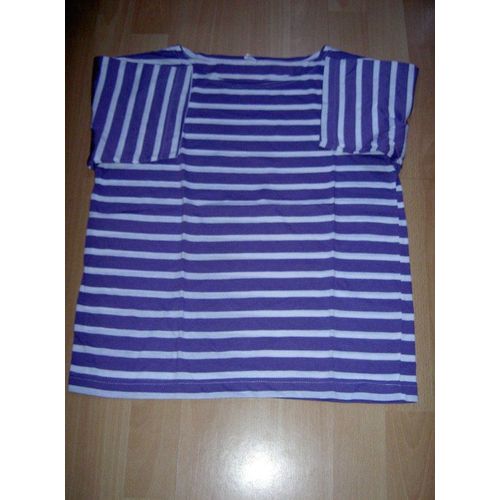 T-Shirt (Col Rond) Blanc Et Violet À Rayures 3 Suisses Taille 34/36