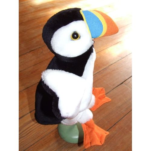 Doudou Peluche Oiseau Noir Et Blanc Bec Multicolore Bleu Jaune Orange Marionnette The Arctic Wildlife 25 Cms