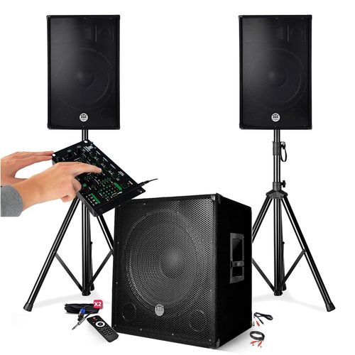 Pack SONO DJ BM SONIC BMS-1515 - 2500W - Enceintes 15" + SUB15" + Pieds - USB/BLUETOOTH - TABLE DE MIXAGE PRONOMIC 4 Canaux