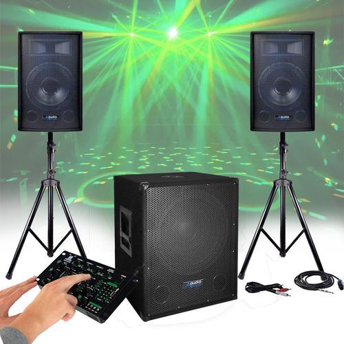 Pack SONO DJ CLUB1512 - 2200W, Enceintes + Caisson/SUB 38cm + Pieds - USB/BLUETOOTH, CABLES, TABLE DE MIXAGE PRONOMIC 4 Canaux