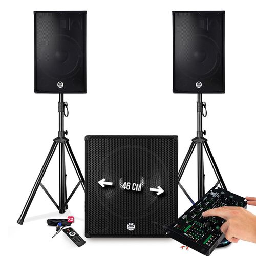 Pack SONO DJ BM SONIC BMS-1815 - 2700W Enceintes 15" Caisson/SUB 18" +Pieds - USB/BLUETOOTH - TABLE DE MIXAGE PRONOMIC 4 Canaux