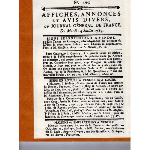Affiches, Annonces Et Avis Divers Ou Jounal Général De France Du 14 Juillet 1789
