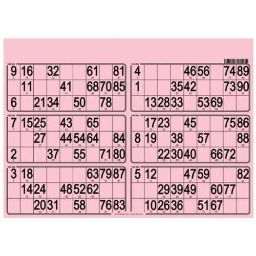 Carton Loto - Plaque De 6 Grilles Coloris Rose, 90 Numeros - Format 29x20 Cm, Ep 1.5 Mm - Set Jeu Planche Loto Bingo + Carte