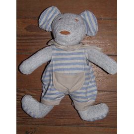 Souris Nounours Passeport Tendresse Doudou Gris Raye Bleu Beige Peluche 33 Cms