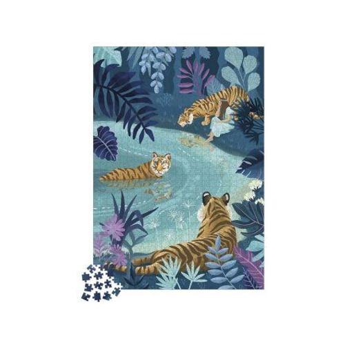 Puzzle 1000 Pieces Bain Des Tigres Au Clair De Lune - 48 X 68.3 Cm - Jungle, Animaux Sauvages - Des 9 Ans - Set Puzzle + Carte