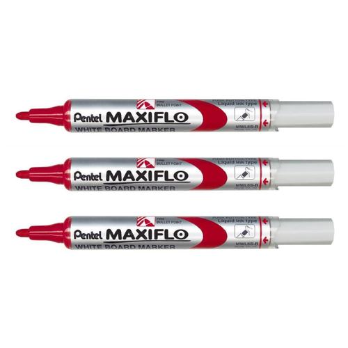 Pentel Lot De 3 Marqueurs Maxiflo Mwl5s Pour Tableau Blanc Pte Ogive Fine Rouge