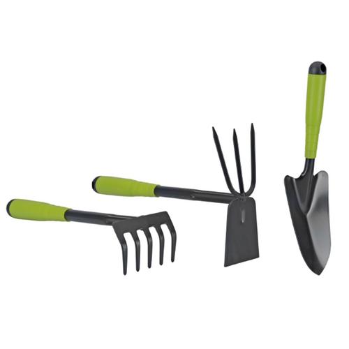 Kit 3 outils de jardin en acier renforce Manche plastique Serfouette Transplantoir Rateau ITOOLS