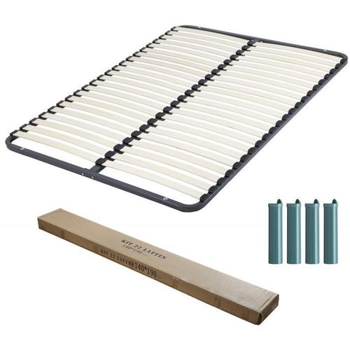 Sommier Démonté + Pieds 140x190 Kit 44 Lattes 50 X 8 Mm Gris - Ebac - A Lattes - Marron - 1 Place - 2 Personnes