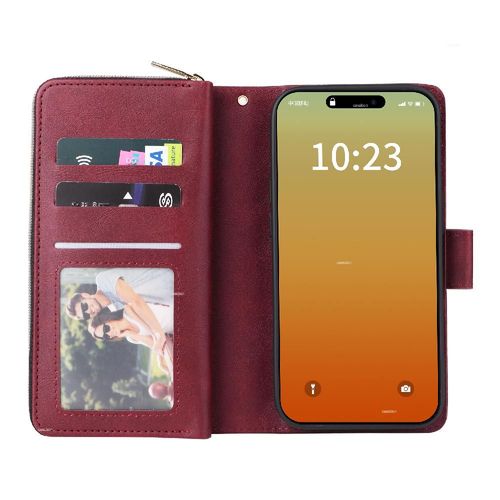 Étui Pour Iphone 15 Pro Max Avec Dragonne Titulaire De La Carte Poche À Fermeture Éclair Étui Portefeuille Avec 9 Fentes Pour Cartes Flip Couverture - Rouge
